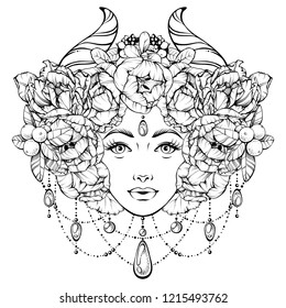 Beautiful girl with flowers, beads and horns. Linear black and white vector graphic illustration. Tribal fantasy artwork for tattoo, print, coloring book for adult