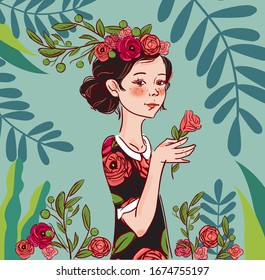Beautiful girl with flowers in the garden. Summer landscape background