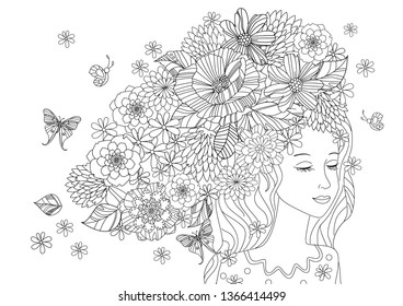 beautiful girl with flowers in hair for your coloring page