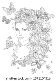 beautiful girl with flowers in her hair looking from back and flying butterflies around. outline drawing for your coloring page