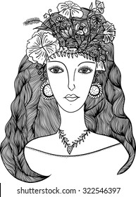 Beautiful girl with flowers in her hair. Hand drawn vector illustration. 
