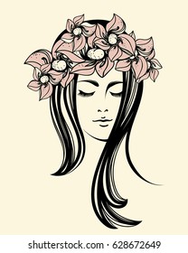 Beautiful girl with flowers in her hair.Vector icon.