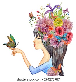 beautiful girl with flowers on her head. watercolor painting. vector illustration