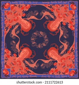 Beautiful girl with flowers. Scarf pattern design. Bandana. Vector.