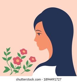 Beautiful girl with flowers. Side portrait. Vector flat illustration.