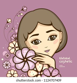 Beautiful girl with flowers vector illustration. Fashion portrait in pink colour. Cute womans face.