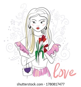 Beautiful girl with flowers. Vector illustration for postcards.