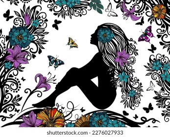 Beautiful girl in flowers. Vector illustration