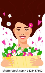 Beautiful girl with flowers. A woman with a smile and dark hair holding beautiful flowers, leaves. Vector illustration for poster, greeting card or banner.