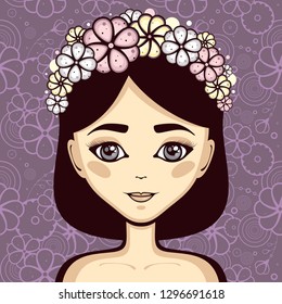Beautiful girl with flowers wreath in hair on violet background. Fashion vector illustration. Cute woman portrait. Natural beauty.