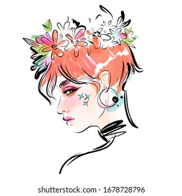 Beautiful girl with flowers wreath on her head vector drawing portrait. Fashion illustration.