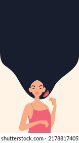 Beautiful girl with flowing black hair. Woman holds a flower. Template for beauty salon, hair salon, shampoo or Women's Day, 8th March. 
