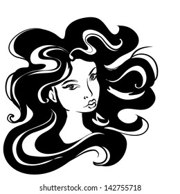 beautiful girl with flying hair vector black and white picture