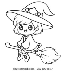 Beautiful girl flying on a witchs broom, for coloring