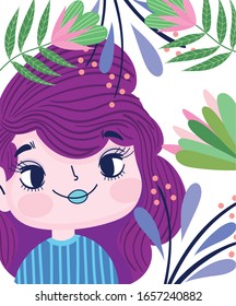 beautiful girl foliage leaves vegetation cartoon botany vector illustration