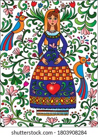 Beautiful girl in folklore dress, suraunded by flowers. Colored vector for card or gift, for coloring. 
