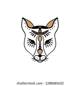 Beautiful girl fox face, boho hippie illustration. Portrait with tribal ornament. Northen style, sticker. Antistress art