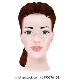 Beautiful Girl With Freckles On Her Face. Template For Cosmetology. Vector Illustration