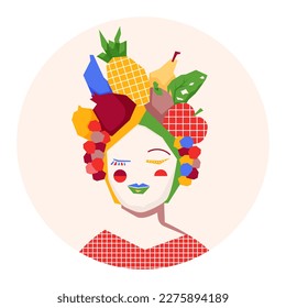 Beautiful girl in a fruit hat. Fruit basket on head.Vector illustration for icon, print