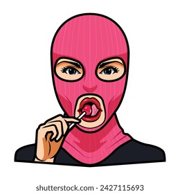 Beautiful girl in a fully covering face of a pink mask 1