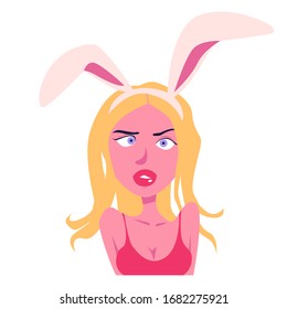 
A beautiful girl with a funny face shows a grimace in a hare suit with ears. Happy easter. Vector. Cartoon illustration.