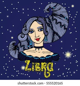 beautiful girl with funny hair astrological zodiac sign Libra woman. Horoscope against the blue sky. The yellow lettering Libra. vector illustration for calendar. portrait