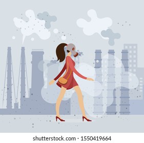 Beautiful girl in a gas mask walks along a dusty, gassed city street near factory smoking pipes, industry smoke, smog. Pollution environmental, air pollution city cartoon vector illustration