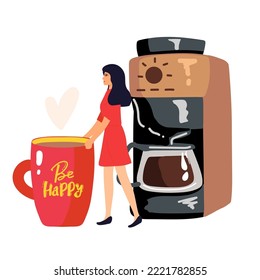 Beautiful girl is with a glass of coffee. Vector illustration for a postcard or a poster. Hand drawing. Coffee to go. Fashion Style