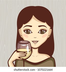 Beautiful girl with Glass of white wine on wood background. Vector illustration. Wine bar logo template, design for wine tasting invitation, menu and wine list. Sommelier portrait.