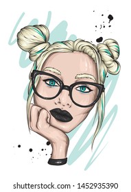 Beautiful girl in glasses with buns on her head. Fashion and style, clothing and accessories. Summer. Sea and rest. Vector illustration for postcard or poster, print for clothing and accessories