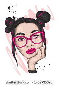Beautiful girl in glasses with buns on her head. Fashion and style, clothing and accessories. Summer. Sea and rest. Vector illustration for postcard or poster, print for clothing and accessories