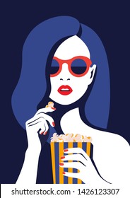 Beautiful girl in glasses eats popcorn and watches a movie. Portrait of a young woman with open mouth. Vector illustration in flat style