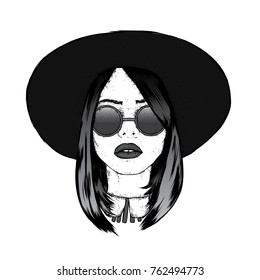 Beautiful girl with glasses and hat. Fashion & Style. Clothes and accessories. Vector illustration.