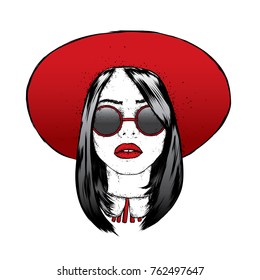 Beautiful girl with glasses and hat. Fashion & Style. Clothes and accessories. Vector illustration.