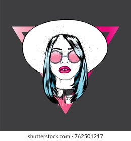 Beautiful girl with glasses and hat. Fashion & Style. Clothes and accessories. Vector illustration.