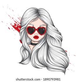 Beautiful girl in glasses with hearts. Fashion, style, clothing and accessories. Vector illustration. Valentine's Day.