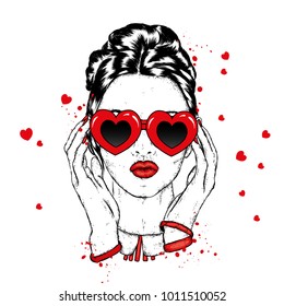 Beautiful girl in the glasses with hearts. Valentine's Day, love and friendship. Illustration for a postcard or a poster.