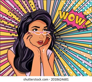 A beautiful, girl with glasses looks into the distance and is surprised. Wow. Dark long hair. Pop art style. Postcard in retro style. Stock Vector Illustration.