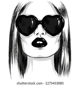 Beautiful girl with glasses in the shape of a heart. Vector illustration for otkirtki or poster. Fashion & Style.
