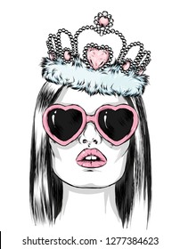 Beautiful girl with glasses in the shape of a heart and with a crown. Vector illustration for otkirtki or poster. Fashion & Style.