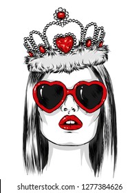 Beautiful girl with glasses in the shape of a heart and with a crown. Vector illustration for otkirtki or poster. Fashion & Style.