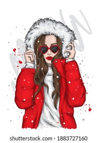 Beautiful girl with glasses in the shape of hearts. Valentine's Day and love. Vector illusion for a postcard or poster, print on clothes. Fashion and style, accessories.