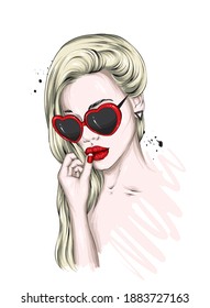 Beautiful girl with glasses in the shape of hearts. Valentine's Day and love. Vector illusion for a postcard or poster, print on clothes. Fashion and style, accessories.