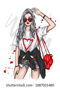 Beautiful girl with glasses in the shape of hearts. Valentine's Day and love. Vector illusion for a postcard or poster, print on clothes. Fashion and style, accessories.