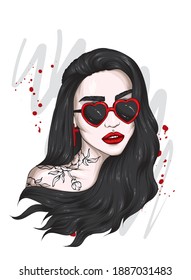 Beautiful girl with glasses in the shape of hearts. Valentine's Day and love. Vector illusion for a postcard or poster, print on clothes. Fashion and style, accessories.