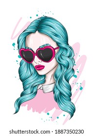 Beautiful girl with glasses in the shape of hearts. Valentine's Day and love. Vector illusion for a postcard or poster, print on clothes. Fashion and style, accessories.