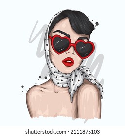 Beautiful girl with glasses in the shape of hearts. Valentine's Day and love. Vector illusion for a postcard or poster, print on clothes. Fashion and style, accessories.