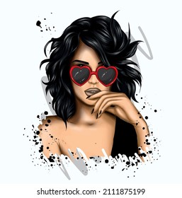 Beautiful girl and glasses in the shape hearts  Valentine's Day   love  Vector illusion for postcard poster  print clothes  Fashion   style  accessories 