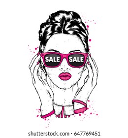 Beautiful girl with glasses. Vector illustration. Fashion & Style. Sale.