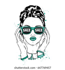 Beautiful girl with glasses. Vector illustration. Fashion & Style. Sale.